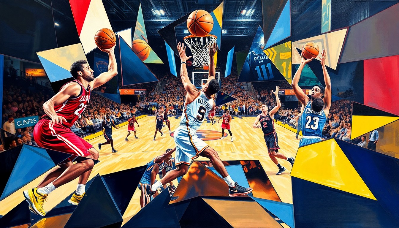 A cubist-style painting depicting the dynamic movements and energy of a college basketball game, with the players' forms deconstructed into sharp, overlapping geometric planes in a vibrant color palette.