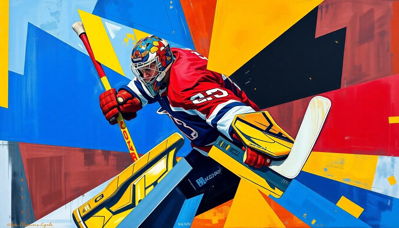 A cubist, geometric painting depicting a hockey goaltender's movements and actions broken down into sharp, overlapping planes of vibrant blue, red, and yellow hues, conceptually representing the strategic nature of the Hurricanes' decision to send Kochetkov to the AHL for a conditioning stint.