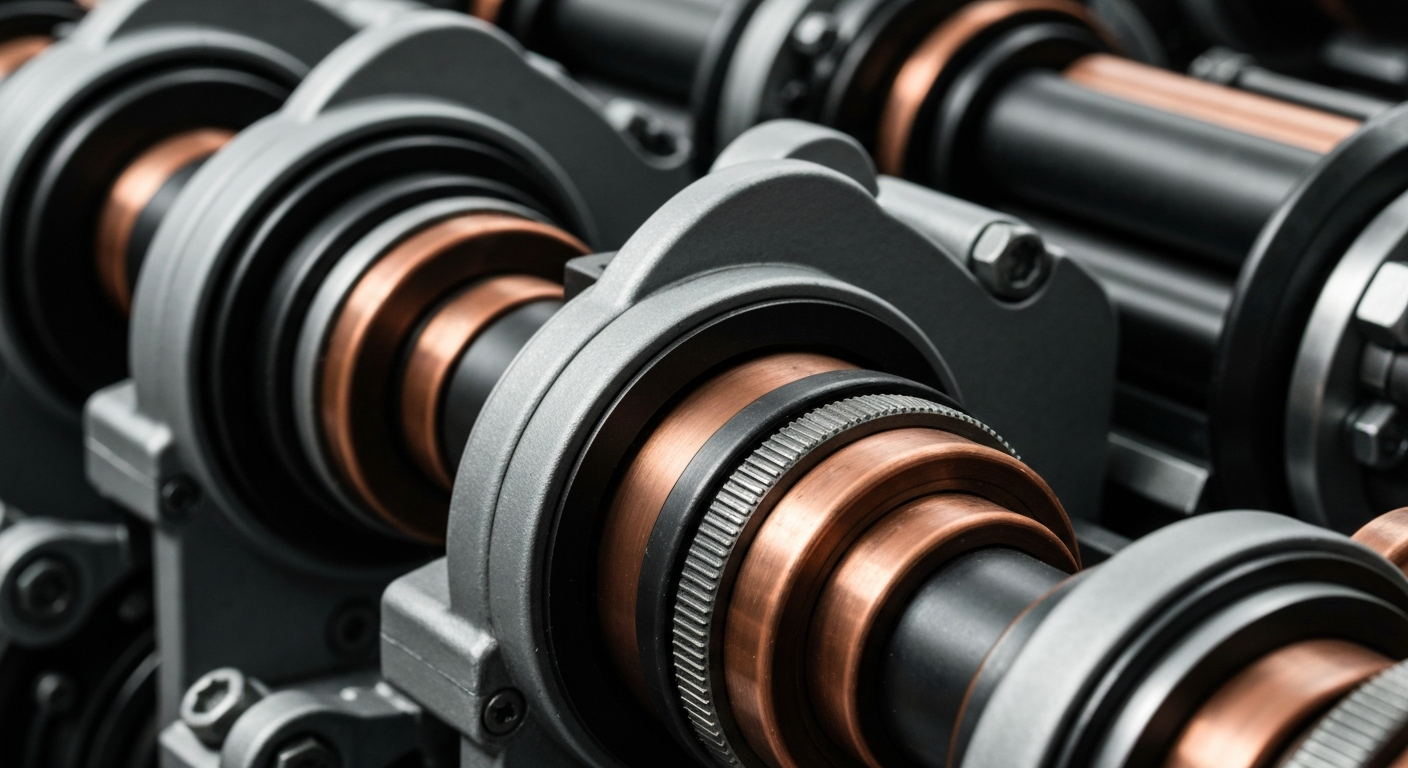 An extreme close-up photograph of heavy, industrial banking equipment and machinery in shades of steel grey, copper, and black, conveying the physical, mechanical nature of financial infrastructure.