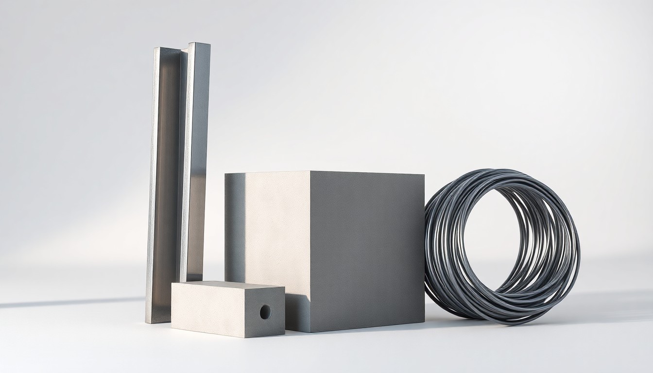 A high-end, photorealistic studio still-life photograph featuring a polished steel I-beam, a concrete cube, and a roll of steel wire arranged elegantly on a clean, white seamless background, conceptually representing the premium, durable, and environmentally-friendly building materials produced by Titan America.