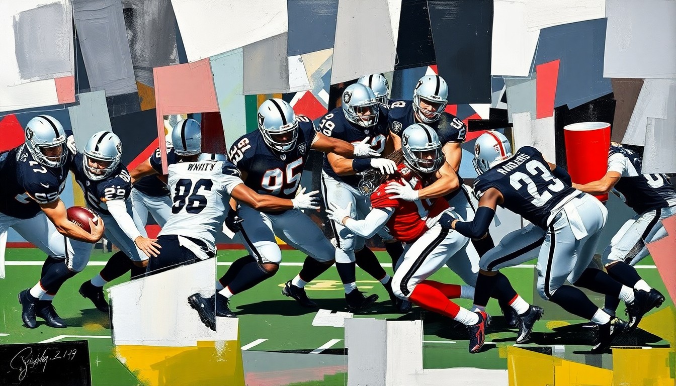 A fragmented, cubist-style painting depicting a Raiders defensive play, with sharp geometric shapes in the team's colors of silver, black, and red, conveying a sense of strategic innovation and reconfiguration.