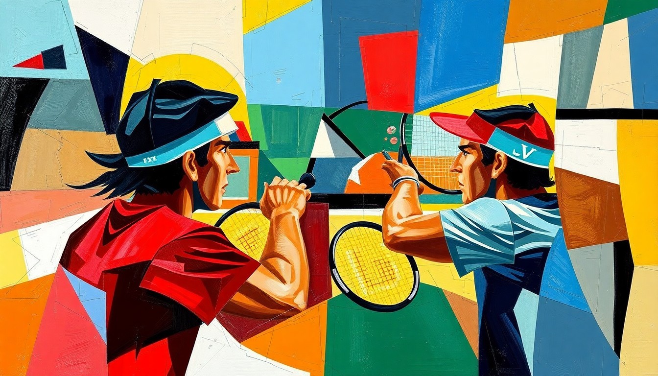 A fractured, geometric painting in shades of blue, red, and yellow, capturing the dynamic energy and tension of a tennis match through an abstract, cubist lens.