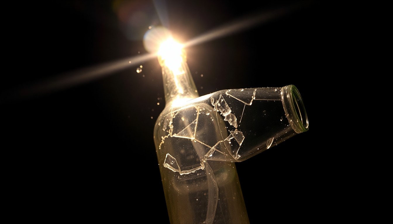 An extreme close-up photograph of a shattered glass bottle, the remnants of a Molotov cocktail, lit by a harsh, direct camera flash against a pitch-black background, conceptually illustrating the violent backlash against the rapid rise of artificial intelligence.