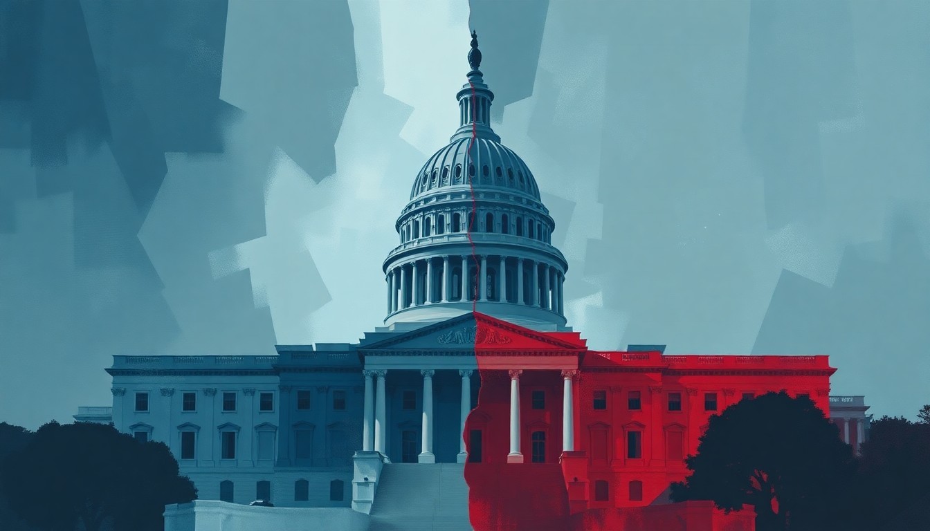 A dynamic, abstract painting featuring the U.S. Capitol building in a fractured, geometric style, with overlapping waves of blue, grey, and red hues, conveying a sense of political turmoil and division.