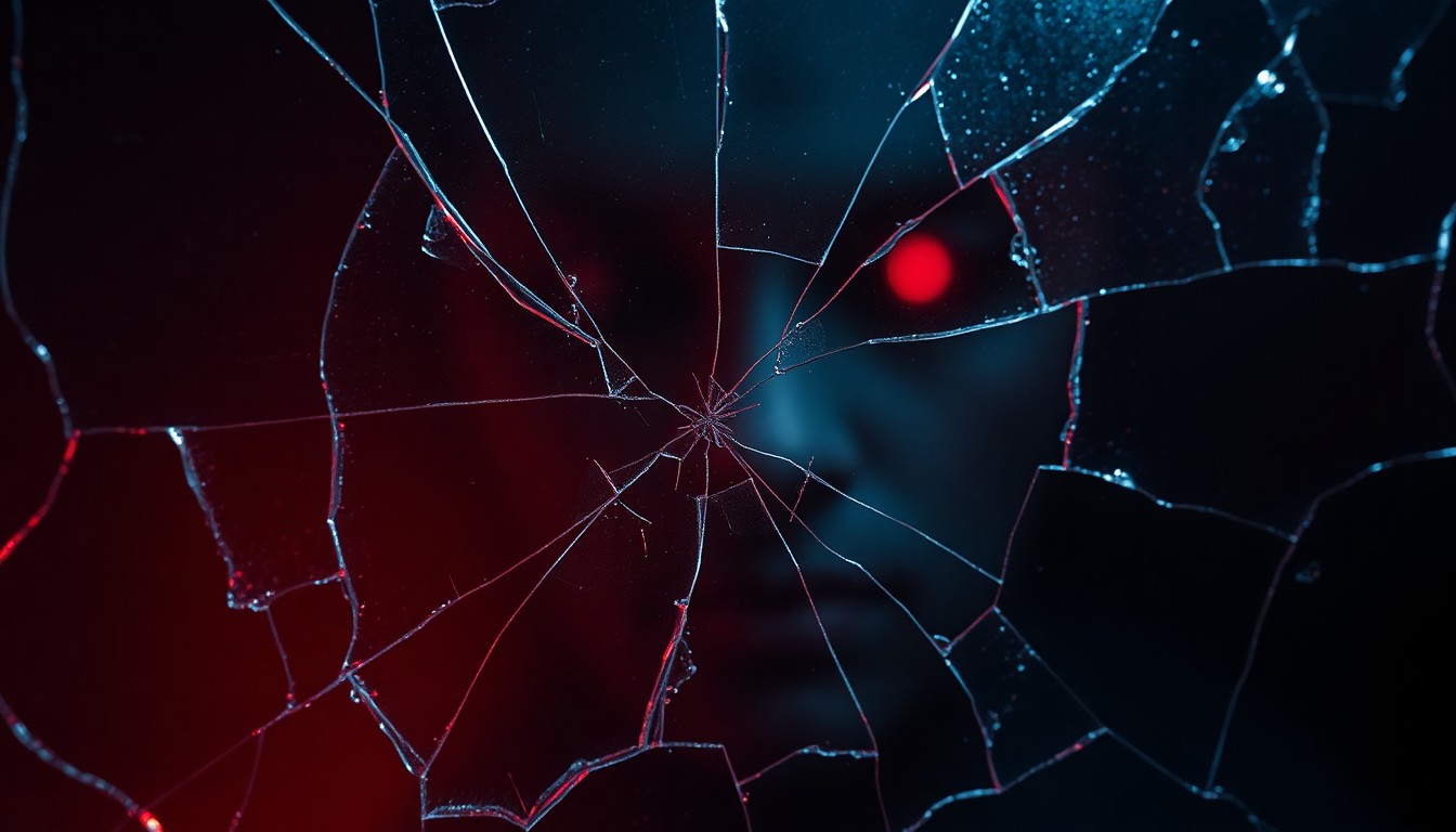 An extreme close-up of a cracked and shattered glass surface, reflecting a faint red light, conceptually representing the chilling presence of a disturbed character in the film.