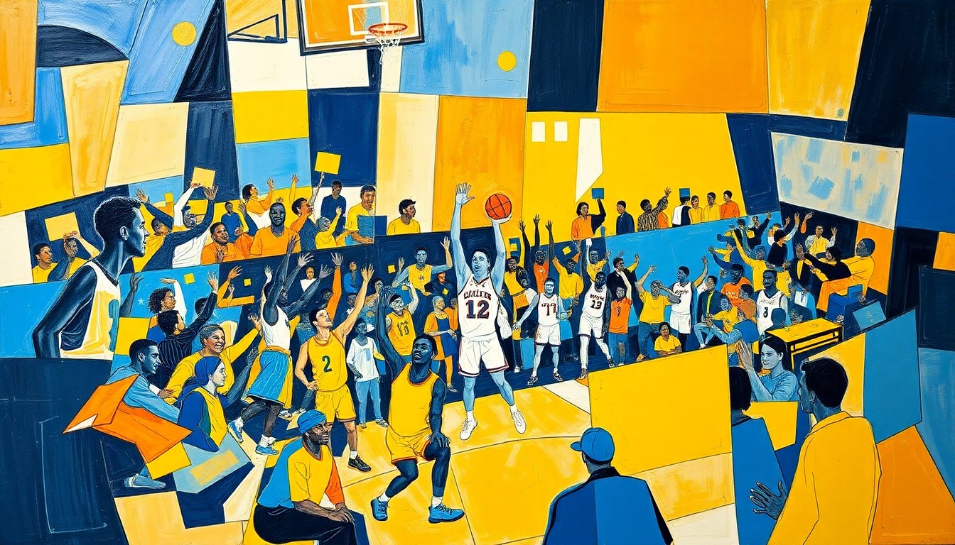 A cubist-style painting featuring fragmented, overlapping geometric shapes in shades of maize and blue, capturing the energy and excitement of a basketball celebration.