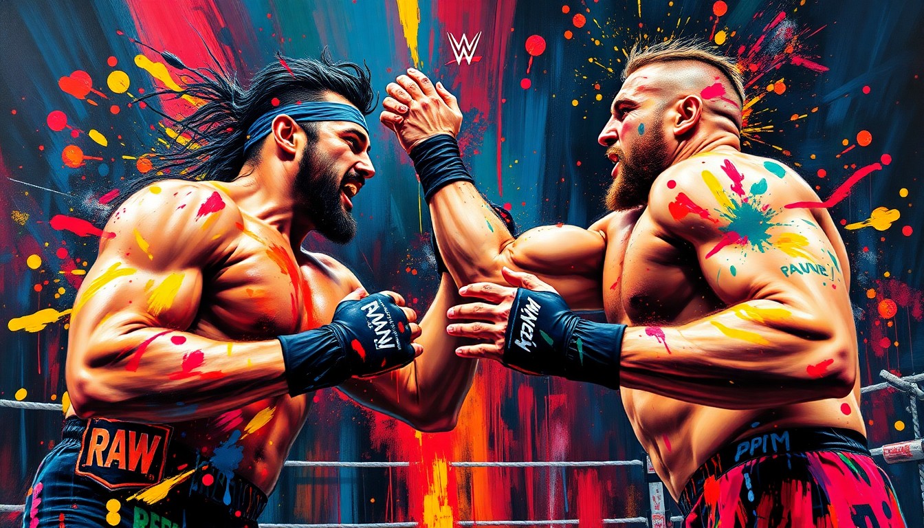 A vibrant, expressionist painting in neon colors capturing the raw energy and physicality of a WWE Hell in a Cell match, with the wrestlers' forms dissolving into unrecognizable splatters of paint.