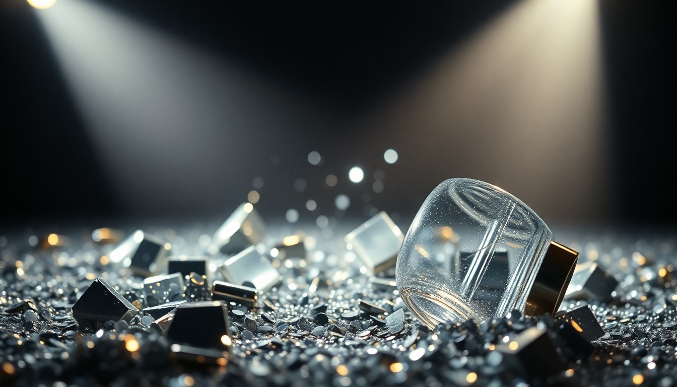 An abstract, high-contrast close-up photograph of shimmering sequins and shattered glass, conceptually representing the glamour and luxury of a Hollywood awards show.