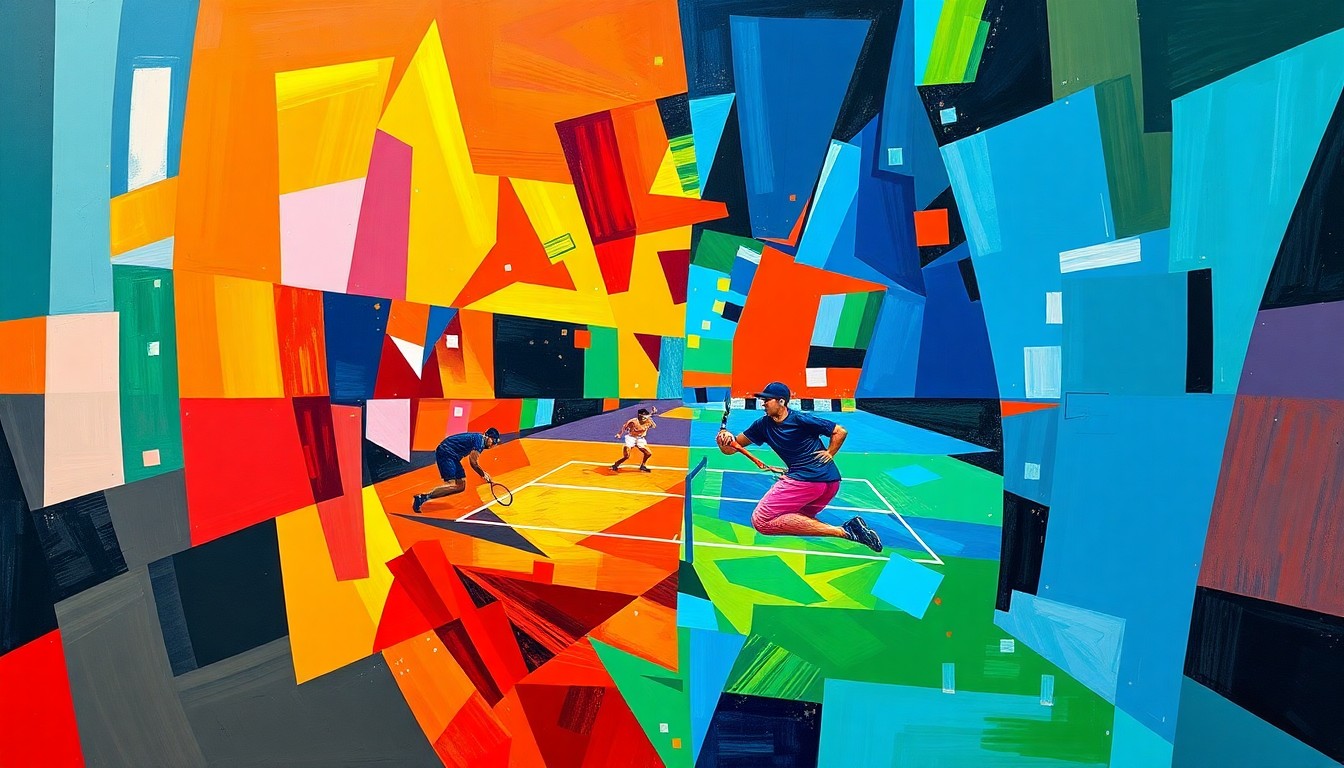 A fragmented, geometric painting in vibrant colors depicting a tennis match or tournament action, with the players and court broken down into sharp, overlapping planes, reflecting the unconventional nature of Daniil Medvedev's Dubai title win.