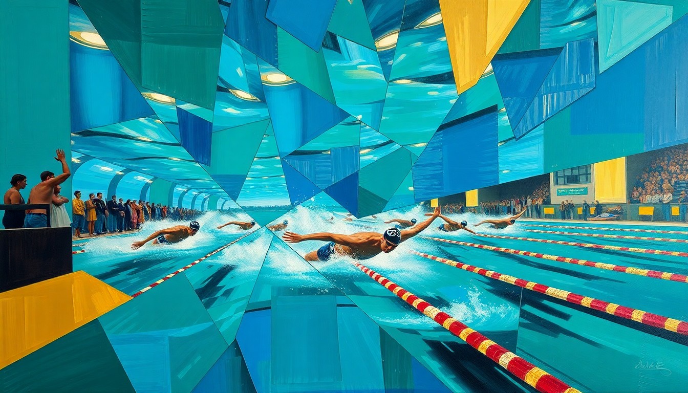 A cubist, geometric painting depicting the chaotic energy and overlapping movements of a swimming competition, with sharp planes of vibrant blue, green, and gold colors.