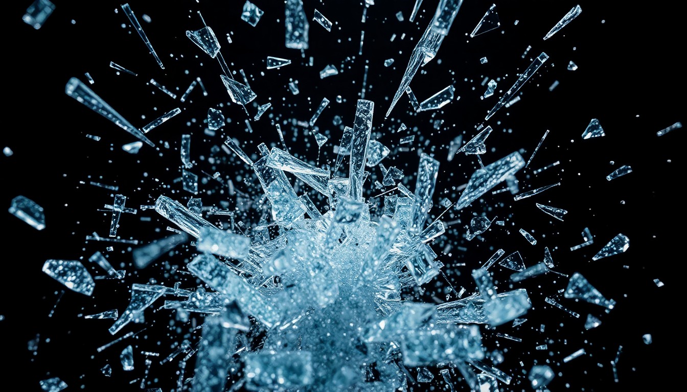 An abstract close-up image of shattered glass and glittering shards, captured in dramatic high-contrast studio lighting to evoke the thrilling yet unsettling nature of these action-packed film sequels.