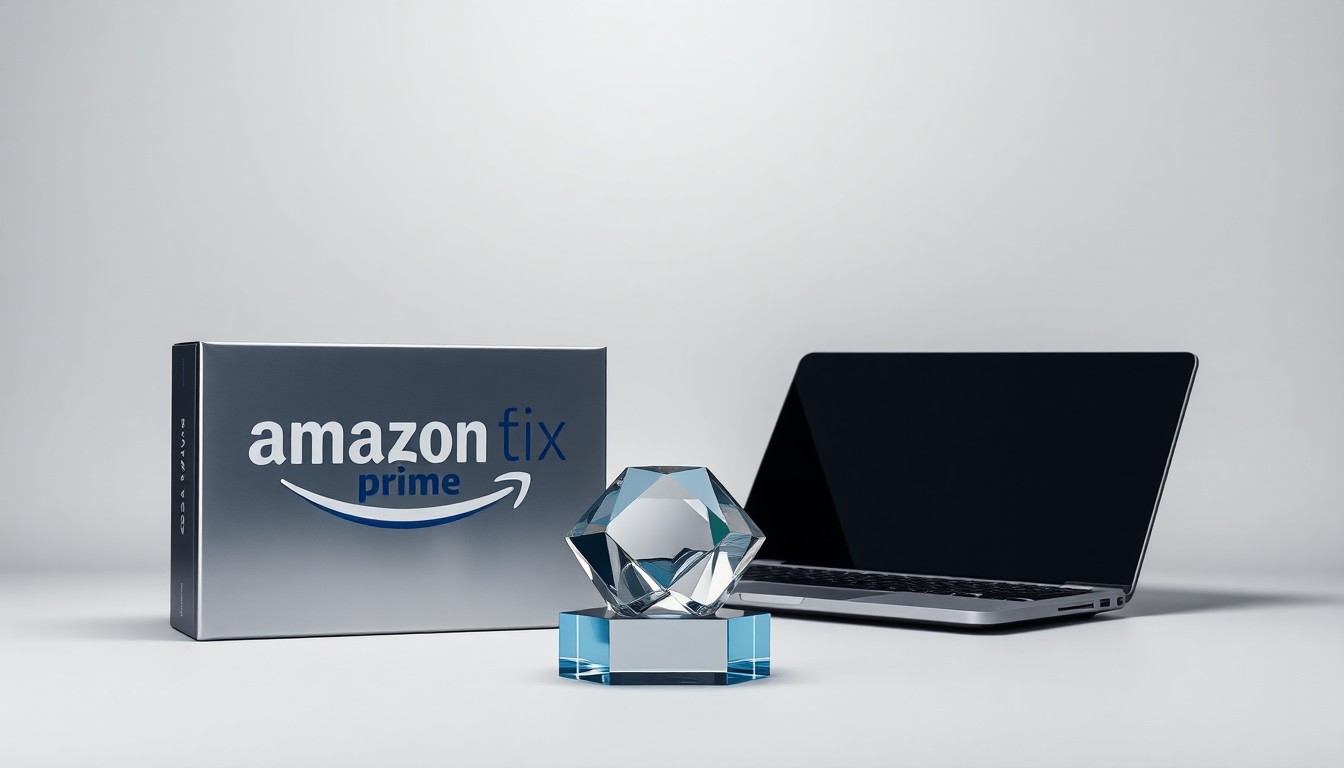 A photorealistic studio still life featuring a polished metal Amazon Prime box, a sleek laptop, and a geometric glass paperweight, arranged elegantly on a clean, monochromatic background to conceptually represent the abstract corporate finance and strategy behind institutional investment decisions.