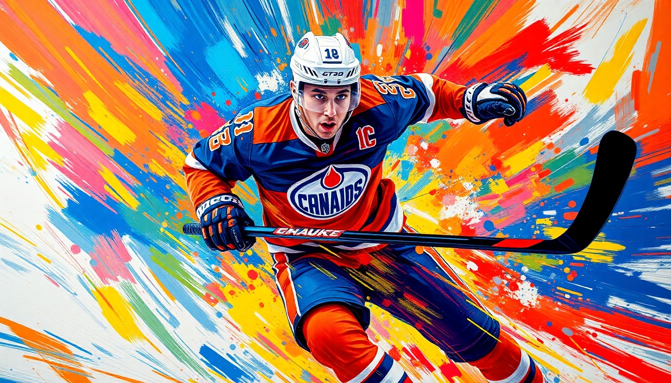 An abstract, expressionist painting in neon colors depicting the blurred, high-energy motion of a hockey player charging towards the net, capturing the raw athleticism and intensity of the sport.