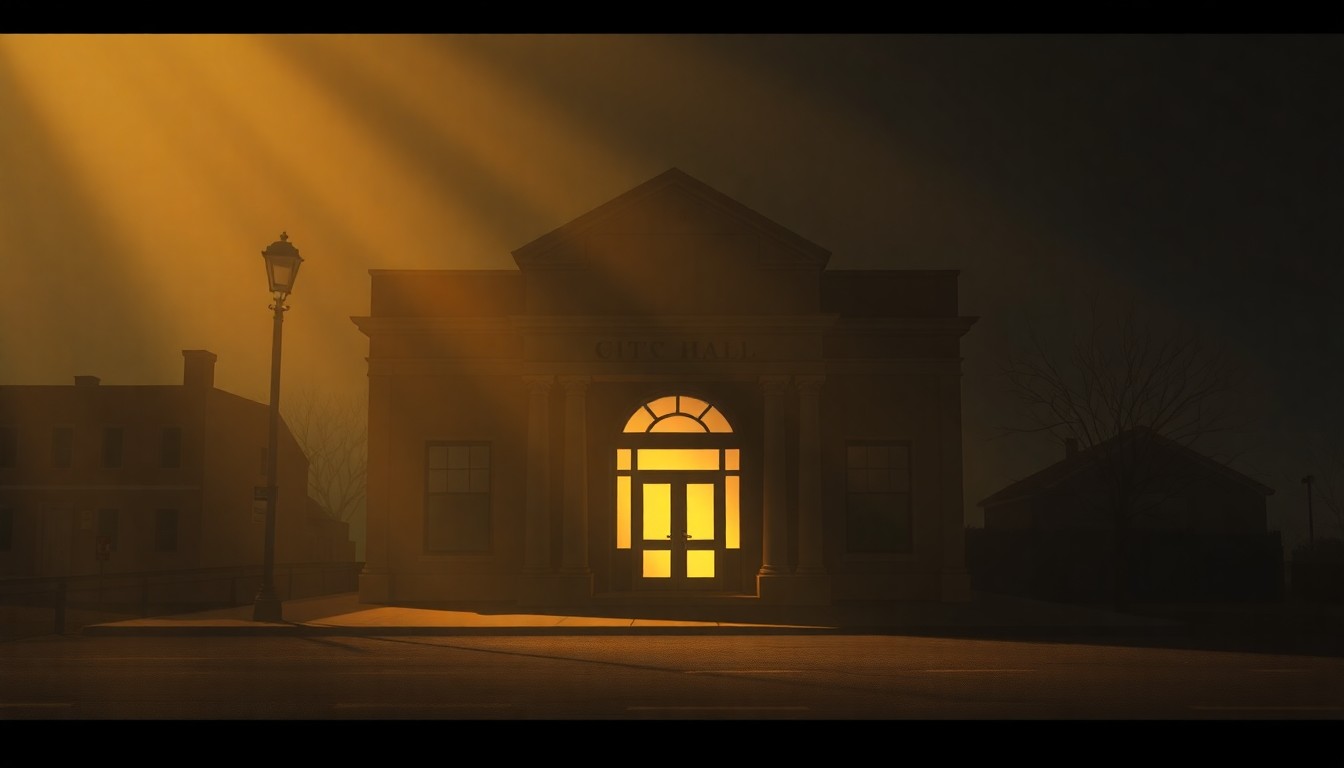 A serene, realistic painting of a government building or public space in Hutchinson, Kansas, with warm lighting and deep shadows creating a contemplative, nostalgic mood that reflects the columnist's call for more thoughtful leadership.