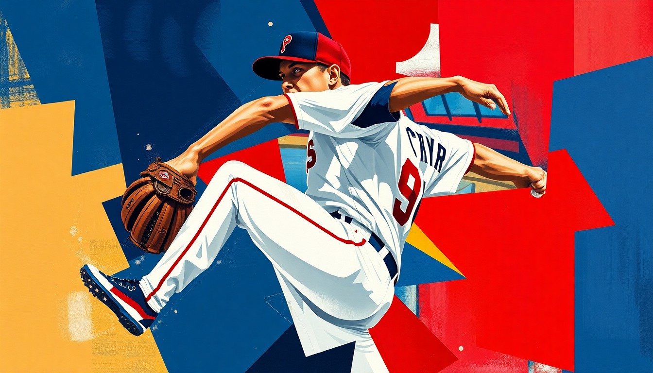 A fractured, multi-perspective painting depicting a baseball pitcher's motion, broken down into sharp, overlapping geometric planes in vibrant navy blue, red, and white colors.