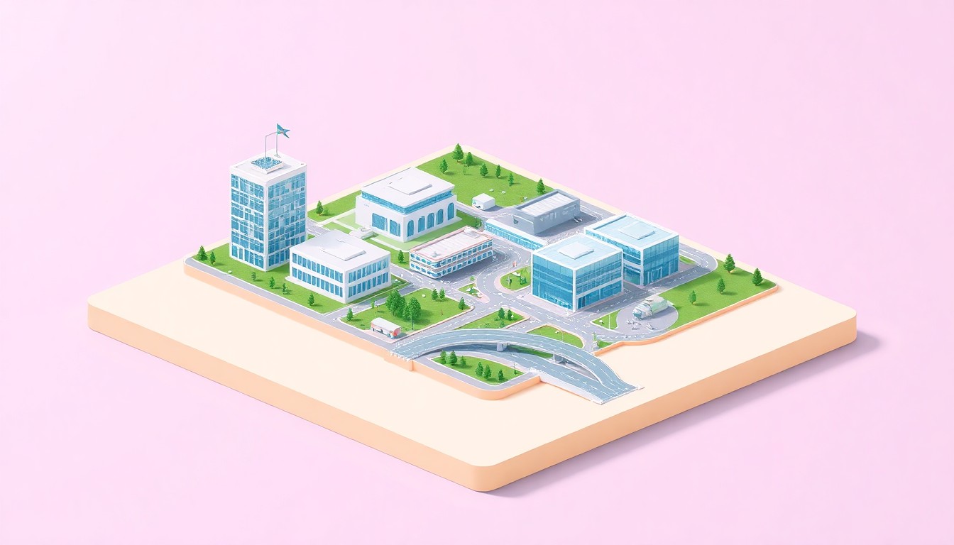 A minimalist, isometric 3D illustration depicting a stylized biotech research campus with modern buildings, green spaces, and transportation infrastructure, representing the Rowen campus project in Gwinnett County, Georgia.