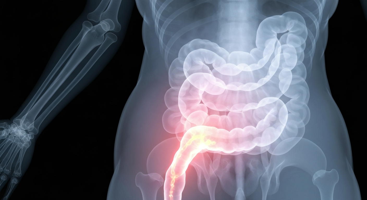 A ghostly, translucent X-ray image revealing the inflamed intestines of an elderly person, conceptually illustrating the internal effects of inflammatory bowel disease in older adults.