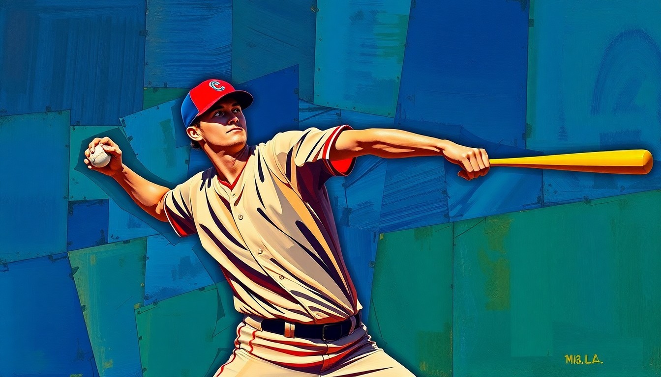 A fractured, multi-perspective painting depicting the explosive motion and energy of a baseball pitcher's delivery and a batter's swing, broken down into sharp, overlapping geometric shapes and planes in vibrant colors.
