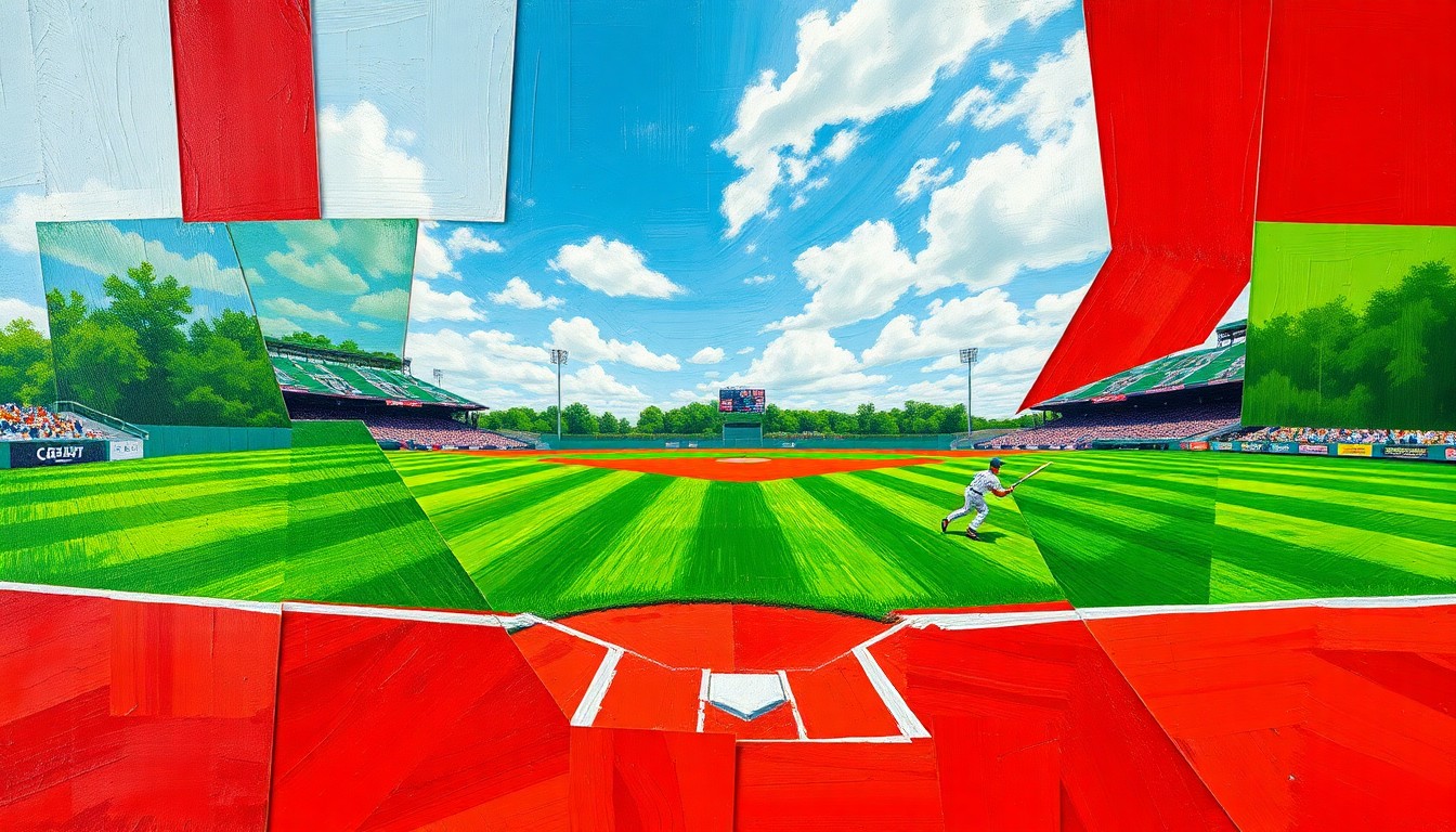 A fragmented, geometric painting in bold primary colors representing the dynamic motion and competitive spirit of a high school baseball game.