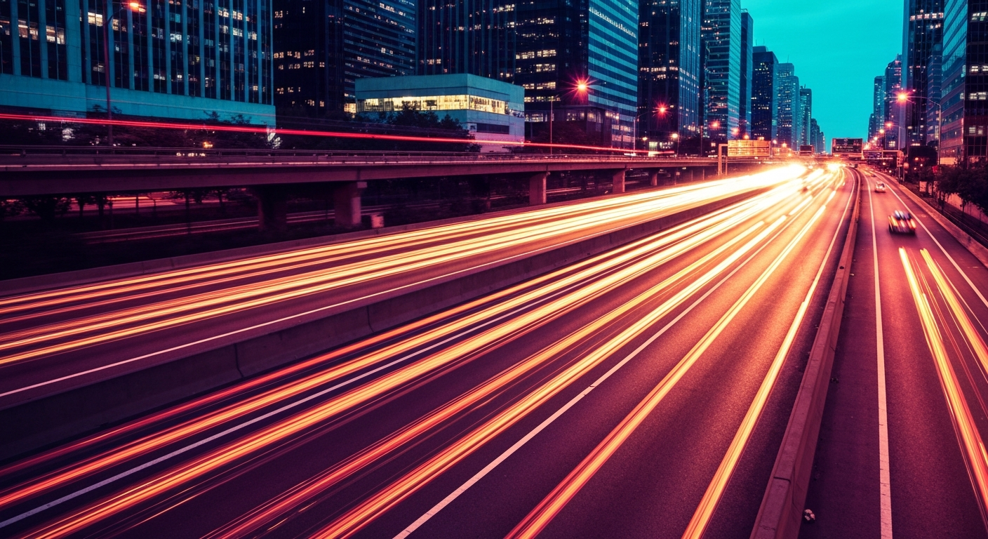 An abstract, sweeping scene of blurred motion and vibrant colors, conceptually representing the dynamic energy and flow of traffic along a busy highway.