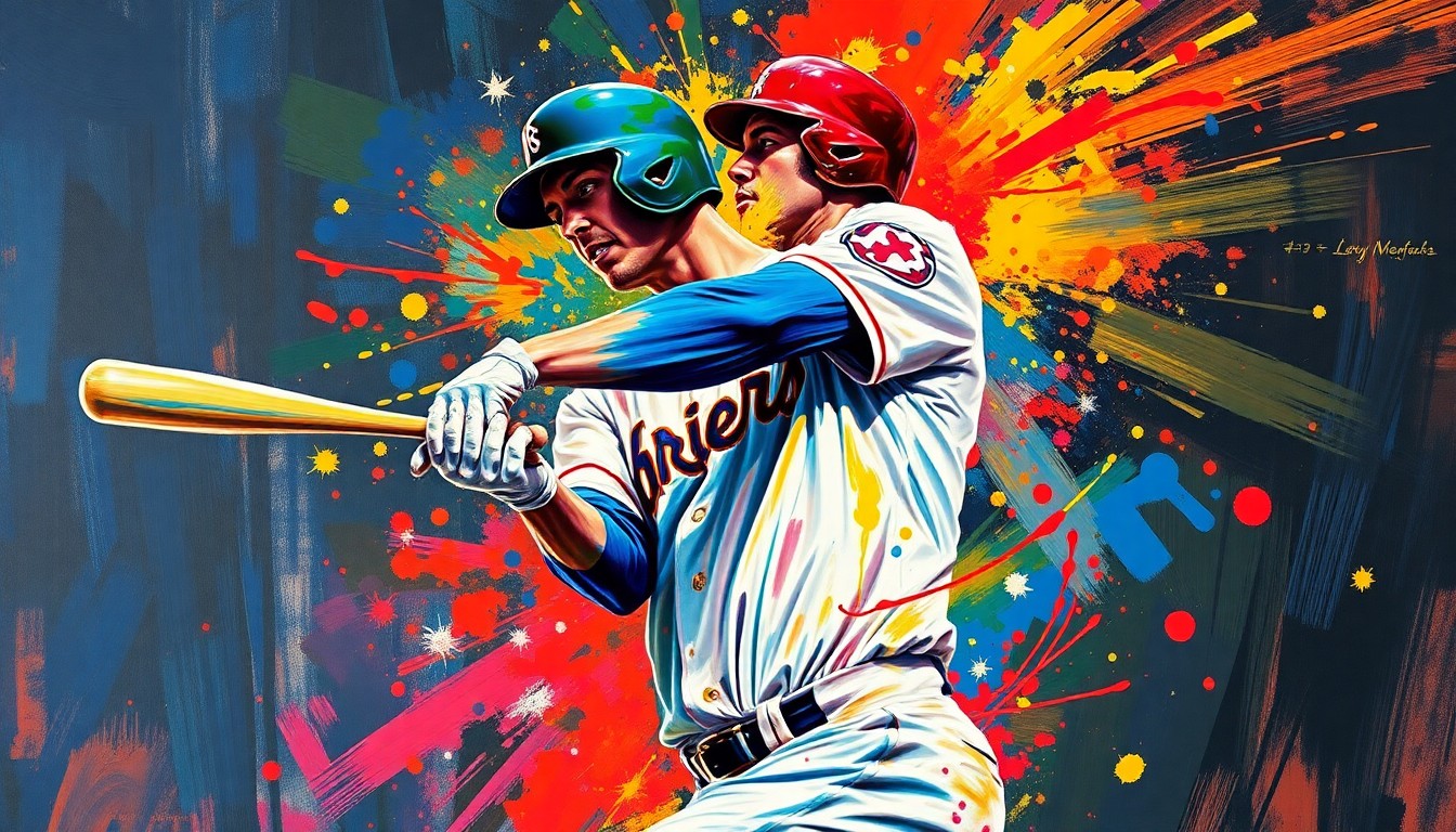 An abstract expressionist painting in vibrant neon colors depicting the powerful swing and explosive energy of a baseball player, with the batter's face and uniform details blurred into unrecognizable brushstrokes.