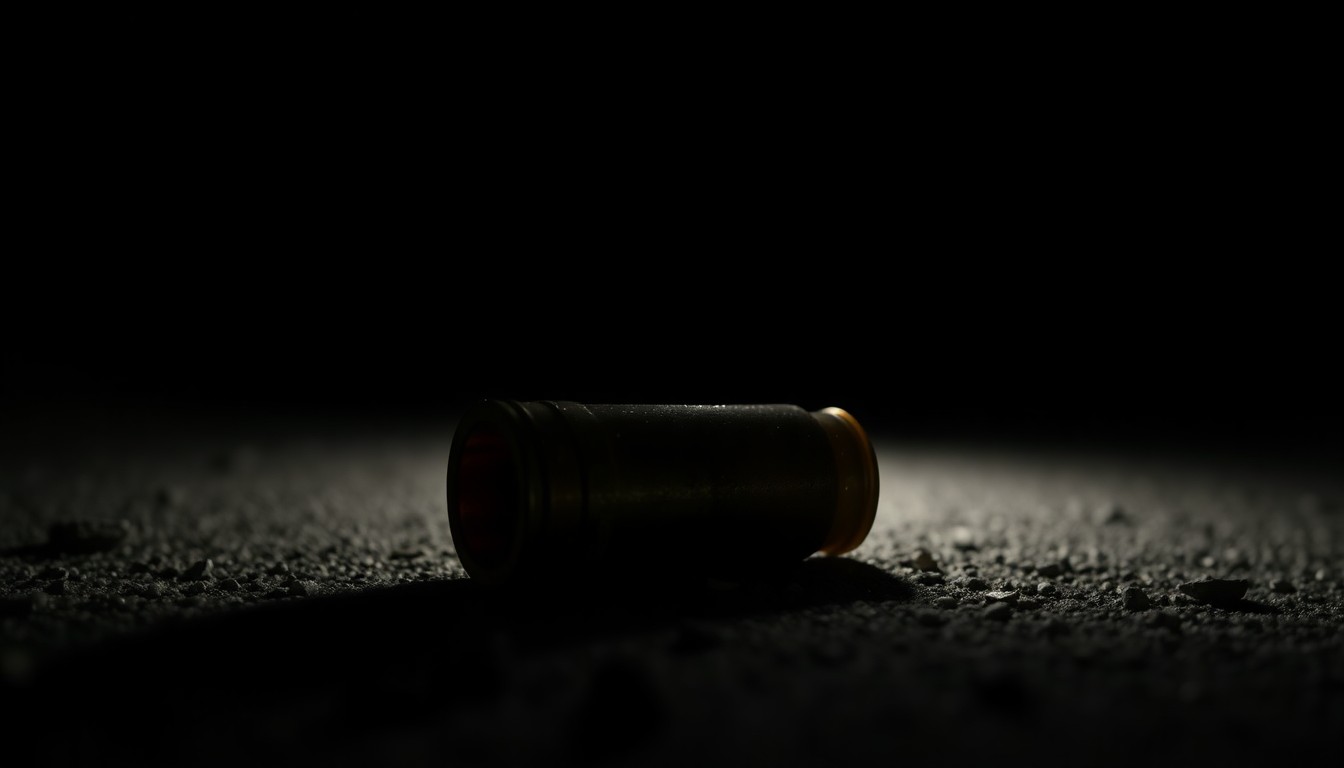 An extreme close-up photograph of a spent shell casing on the ground, reflecting the harsh lighting and creating a stark, gritty, investigative aesthetic that conceptually represents the investigation into a shooting incident.
