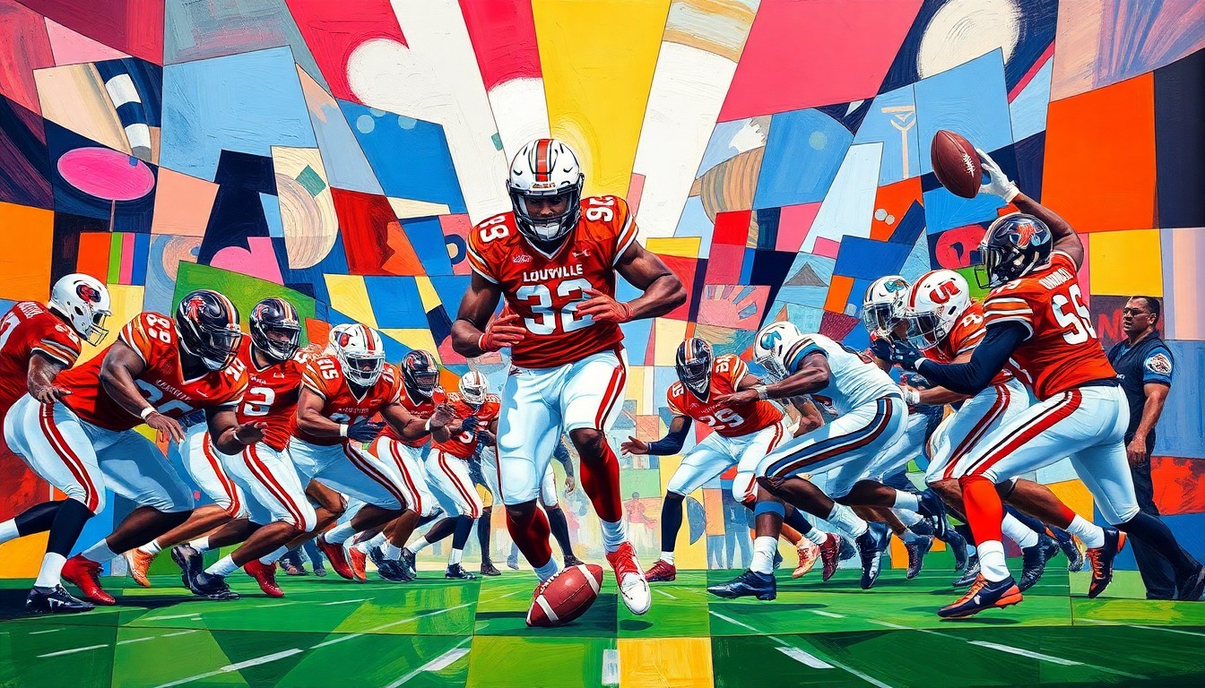 A cubist, geometric painting depicting a fragmented football game, with sharp, overlapping shapes in the team colors of the Louisville Kings and Orlando Storm, conceptually representing the controversy over the league's new overtime rules.