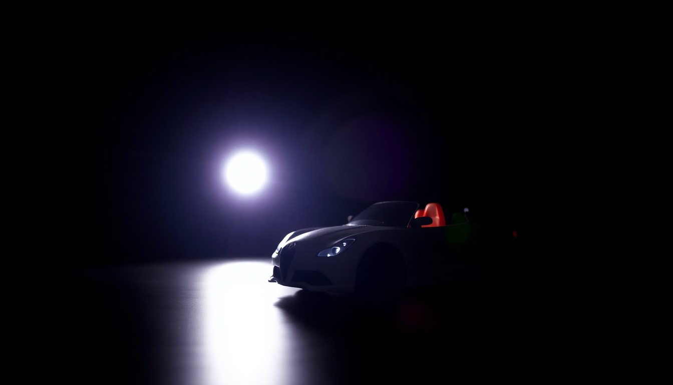 An extreme close-up of a small toy car, its details and textures sharply illuminated by a direct camera flash against a pitch-black background, conveying a sense of abandonment and neglect.