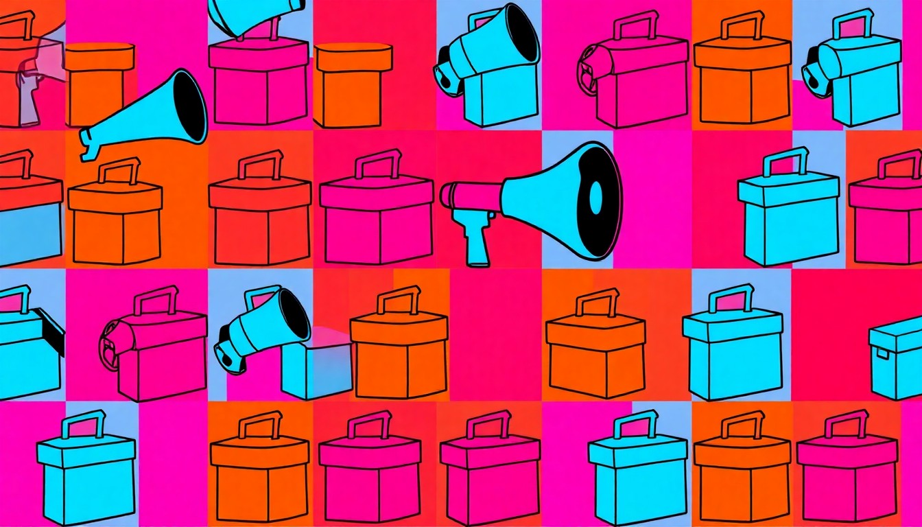 A high-contrast silkscreen print in neon pink, yellow, and blue featuring a repeated icon of a megaphone, conceptually representing the civic engagement and youth empowerment goals of the Youth Diplomats program.