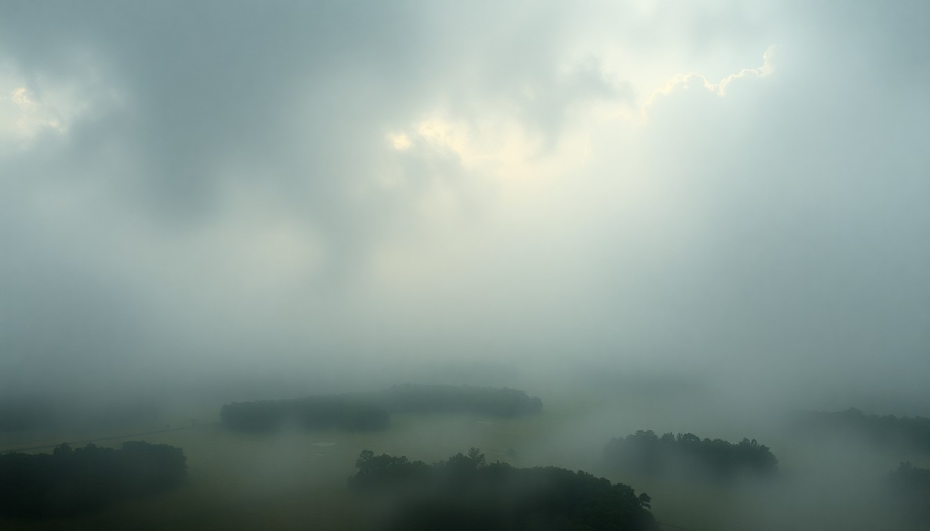 A sweeping, atmospheric landscape painting in muted tones of grey, blue, and green, with a sense of vastness and isolation conveying the power of the natural environment in rural Florida.