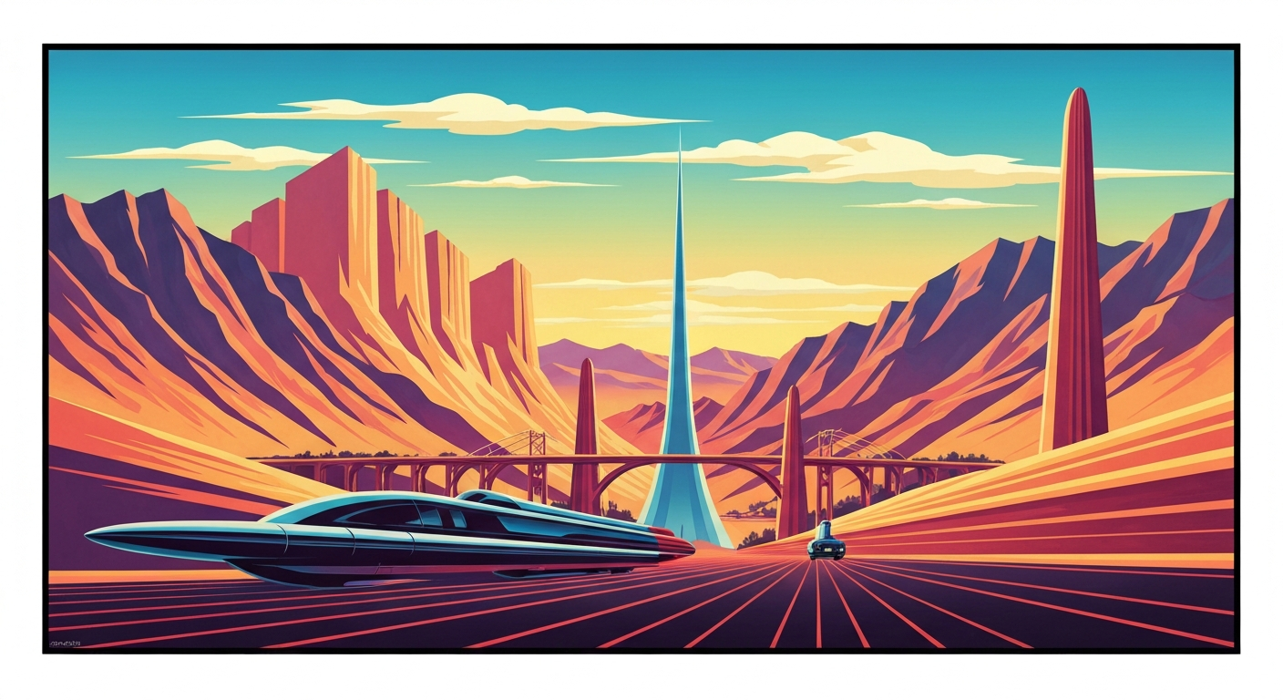 A highly stylized, geometric illustration depicting the sweeping landscapes and grand scale of travel in Reno, Nevada, using bold gradients and streamlined forms to capture the emotional tone of the story without any literal depictions.