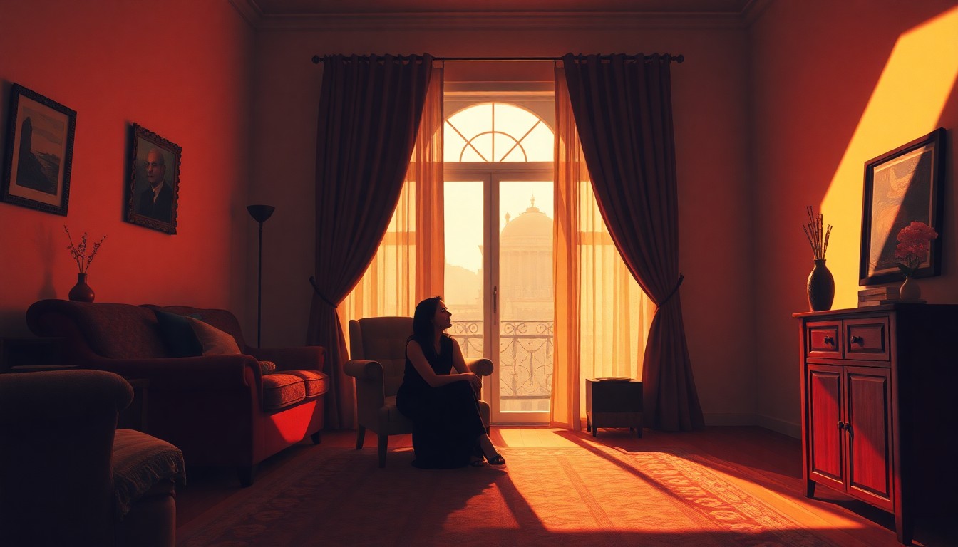 A painting of a woman sitting alone in a dimly lit room, with warm sunlight streaming in through a window, creating deep shadows and a contemplative mood.