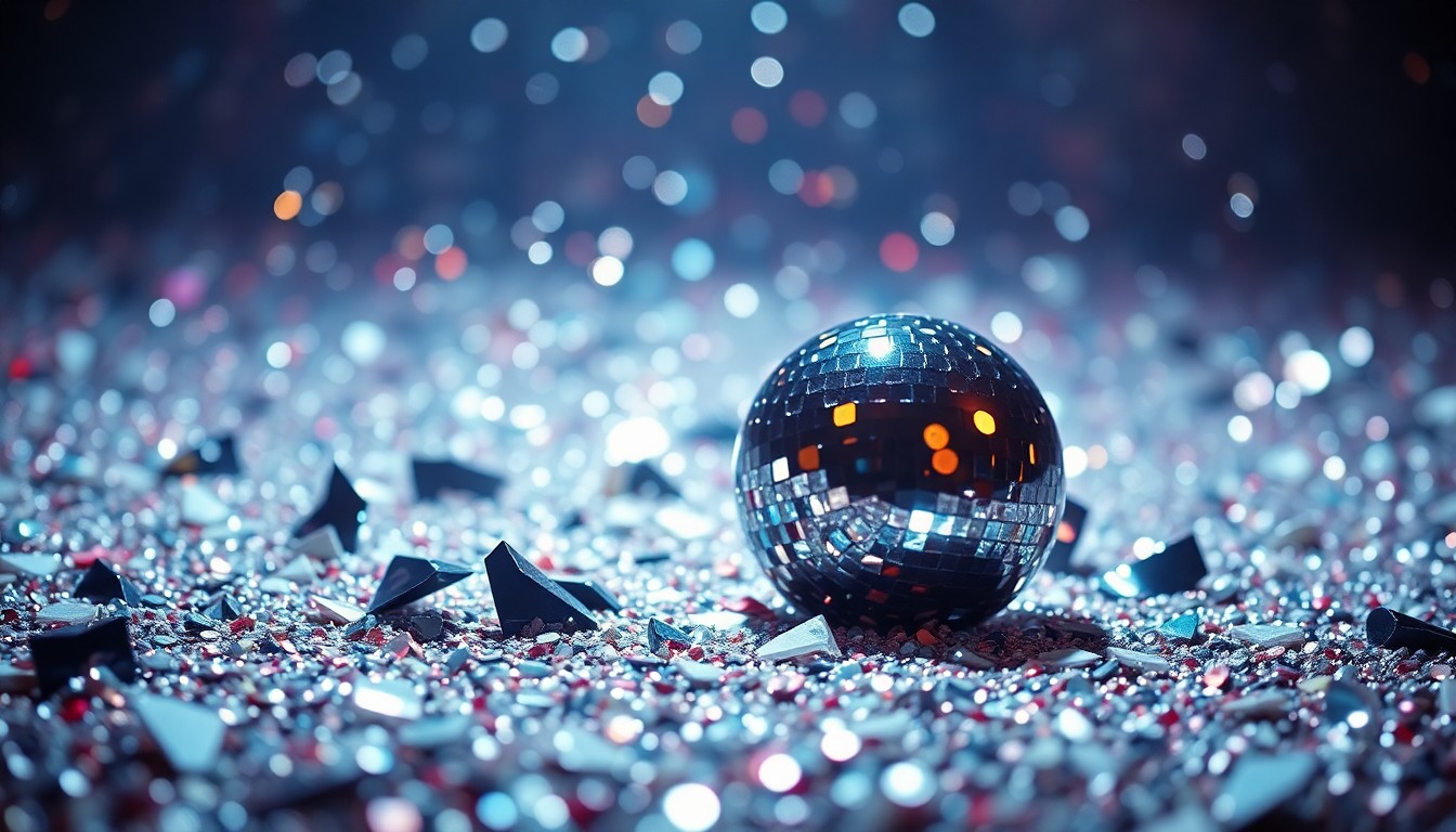 An abstract close-up photograph of shimmering sequins and shattered glass, capturing the high-fashion glamour and dramatic lighting of a major music festival performance.