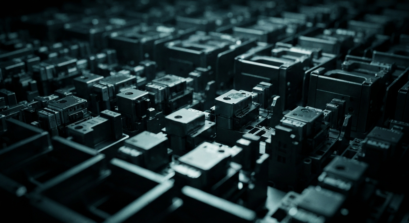 An extreme close-up of the complex, interlocking gears and circuits that make up the core technology infrastructure of Qnity Electronics, conveying a sense of the company's engineering prowess and industrial might.
