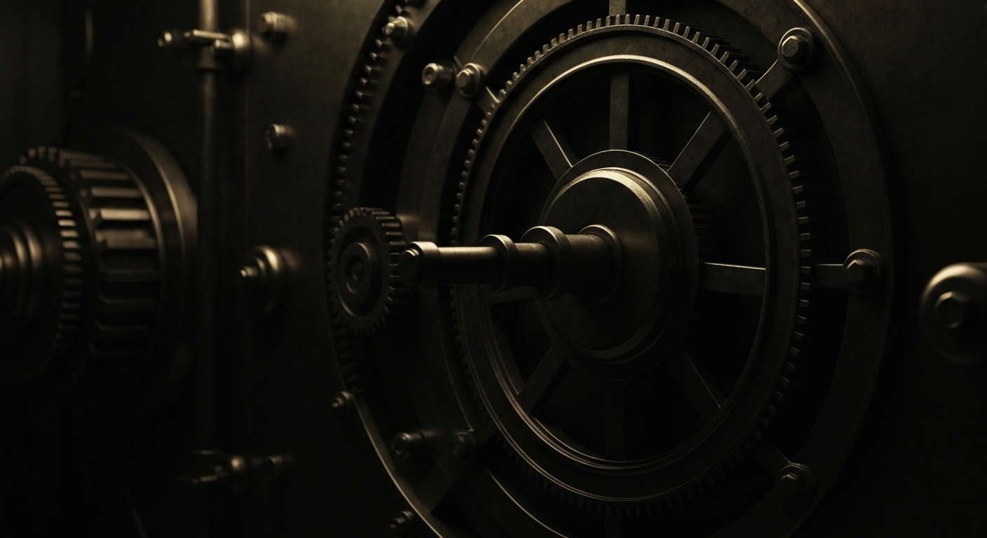 An extreme close-up of the complex, interlocking gears and mechanisms of a vintage banking vault, conveying the institutional power and financial security of Berkshire Hathaway.