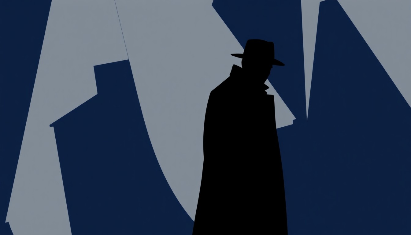 A minimalist, abstract illustration featuring a stark black silhouette of a person in a trenchcoat and hat, set against a background of angular, geometric shapes in shades of blue and gray, conceptually representing the mysterious and suspenseful nature of the Will Trent crime drama series.