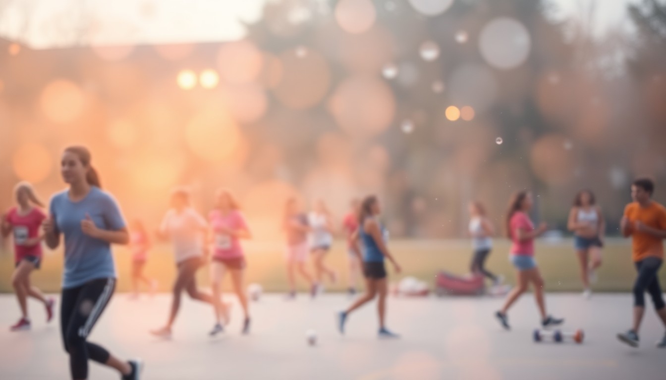 An abstract, impressionistic scene of blurred, colorful shapes and forms representing a college campus, conveying a sense of energy, movement, and community engagement.