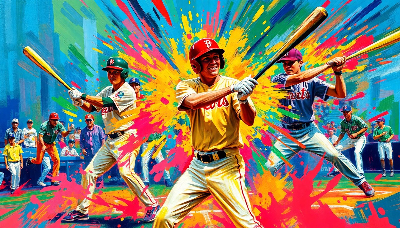 An abstract, expressionist painting in neon colors capturing the dynamic energy and momentum shifts of a high school baseball game, with players' forms blending into vibrant brushstrokes.