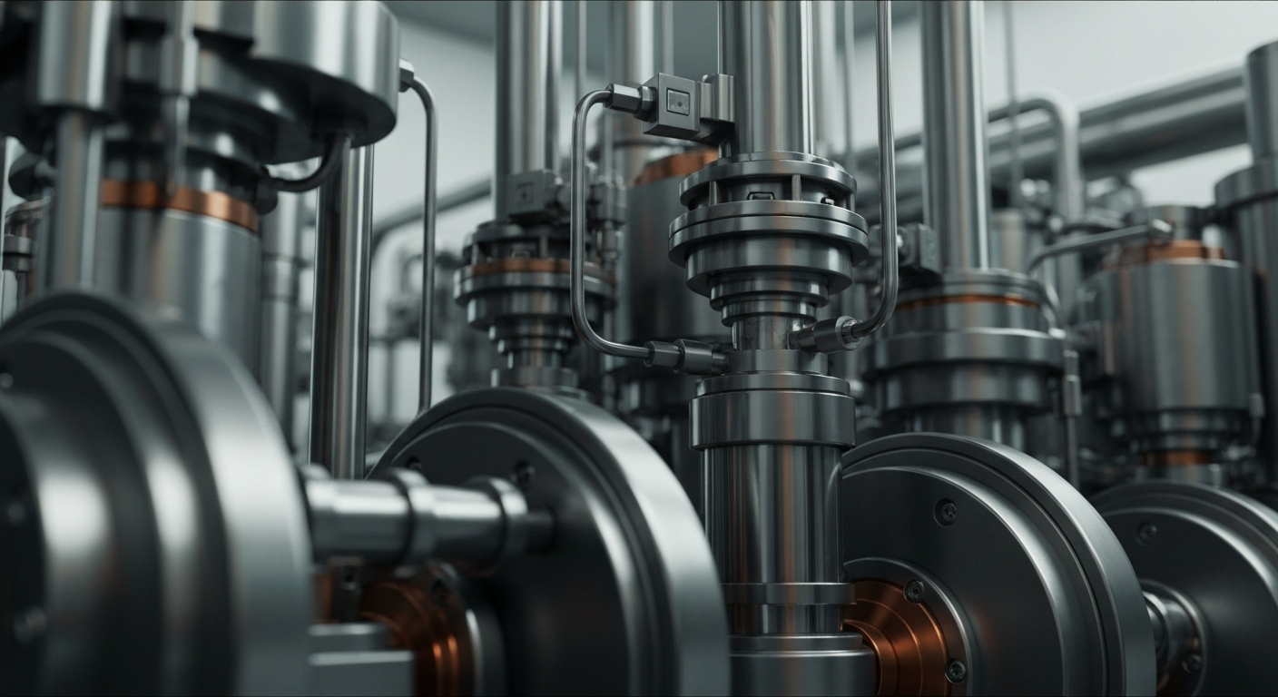 A close-up view of complex pharmaceutical manufacturing equipment, including metal pipes, valves, and other industrial components, conveying the technical complexity and scale of the modern drug industry.