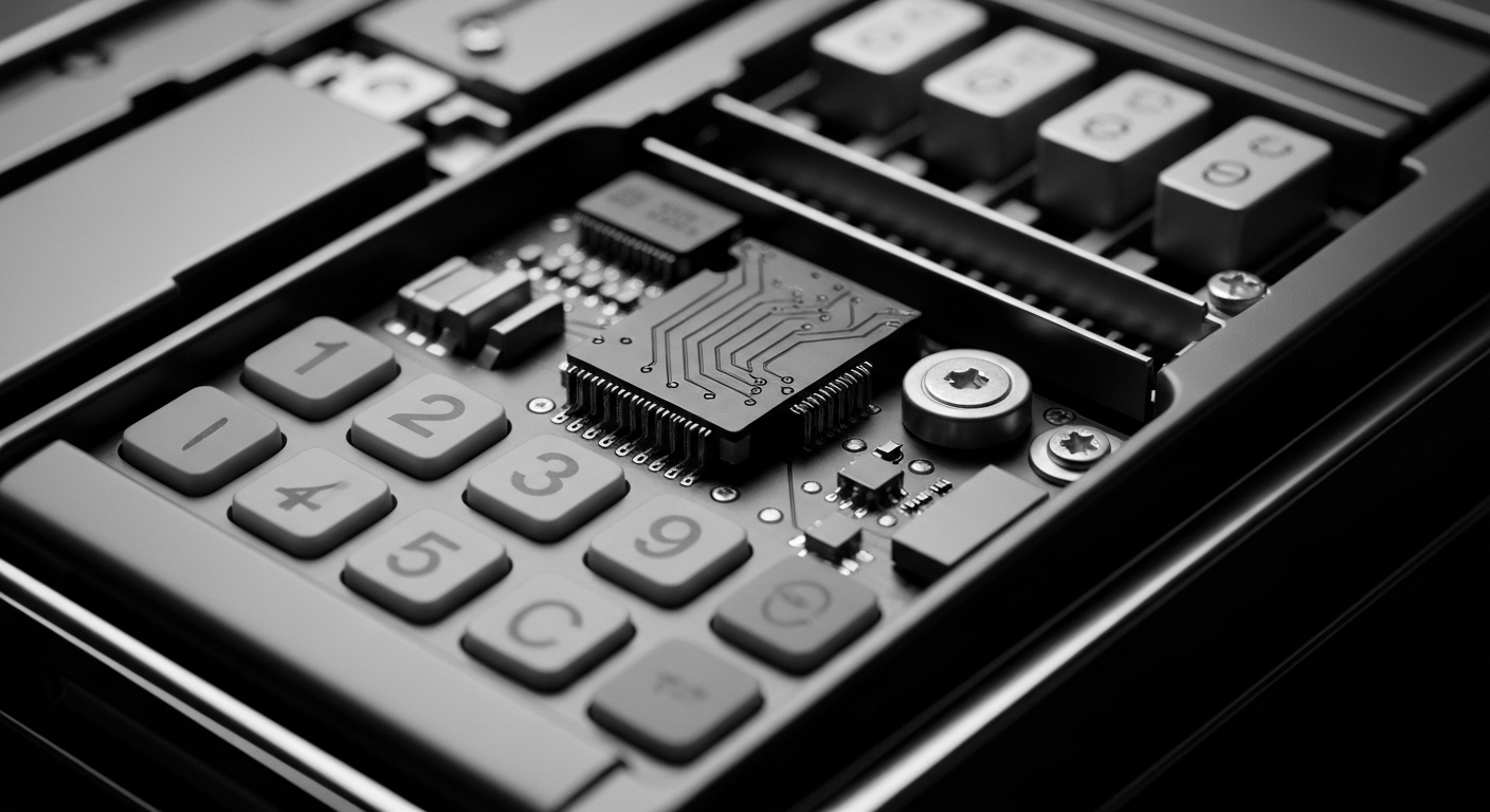 A high-contrast, macro-level image of the internal circuitry and mechanics of a Visa payment terminal, conveying the robust and complex infrastructure behind global digital transactions.