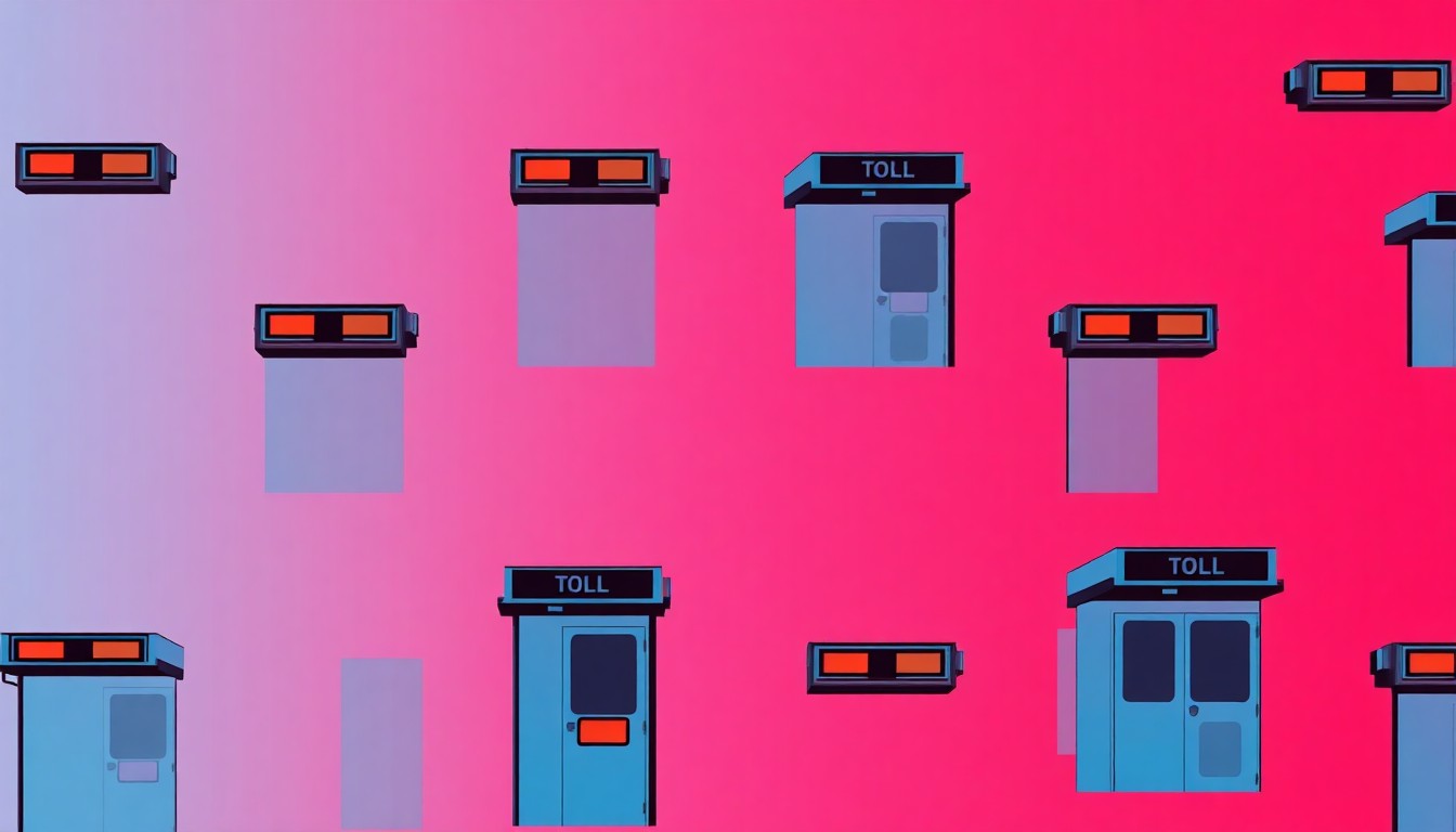 A brightly colored, high-contrast silkscreen print of a single, iconic highway toll booth icon repeated in a tight grid pattern, utilizing flat, vibrant, and unnatural neon color palettes overlapping with heavy black photographic outlines to turn everyday transportation infrastructure into modern pop art.