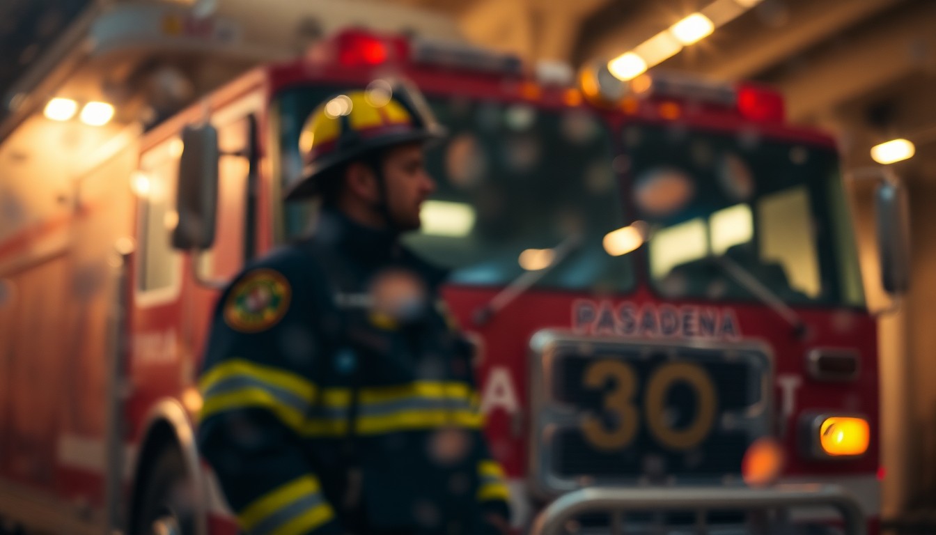 An abstract, out-of-focus image depicting a blurred scene of a firefighter standing in front of a fire engine, conveying a sense of preparedness and community resilience in the face of natural disasters through the use of soft, warm colors and light.