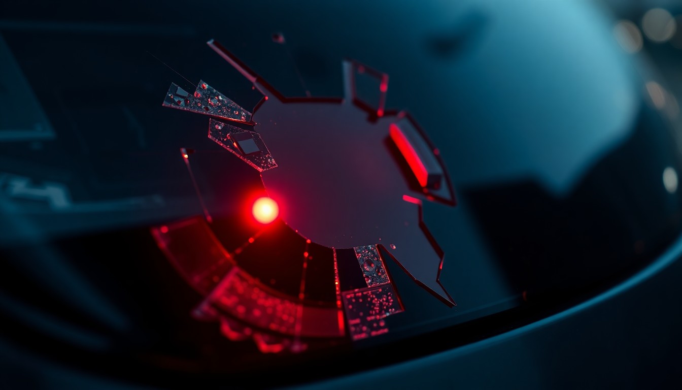 An extreme close-up of a shattered car sensor lens reflecting a faint red light, conceptually illustrating the vandalism of self-driving cars.