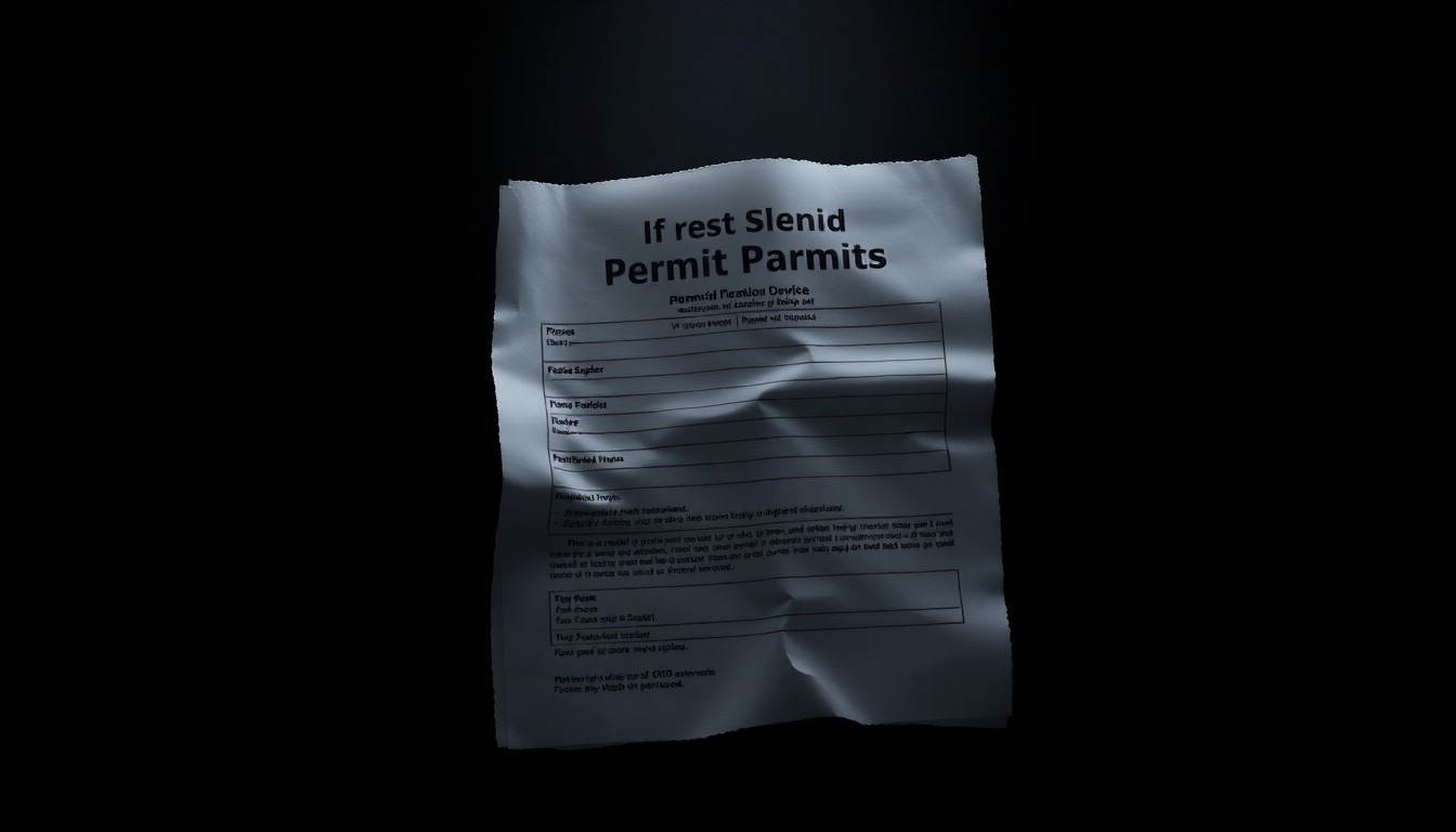 An extreme close-up of a crumpled, torn permit application form reflecting a harsh, direct camera flash, conceptually illustrating the targeted nature of this financial fraud scheme.