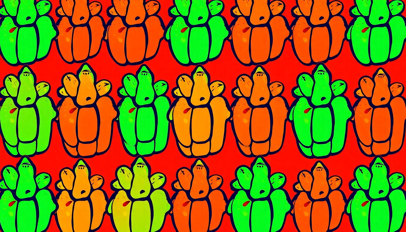 A highly stylized, pop art-inspired illustration featuring a grid of brightly colored, silkscreen-like Buddha's Hand citrus fruits in vibrant neon hues and heavy black outlines, conceptually representing the record-breaking citrus discovery in a Moorpark backyard.