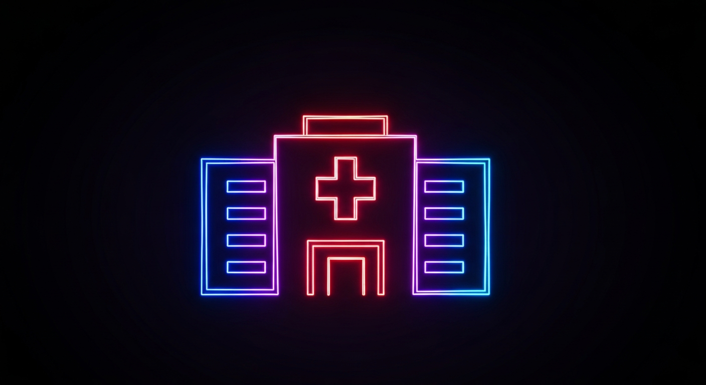 A minimalist design in the style of Keith Haring, where a glowing neon outline of a medical building or symbol is defined against a dark background, emphasizing the shape and electricity of the healthcare industry.