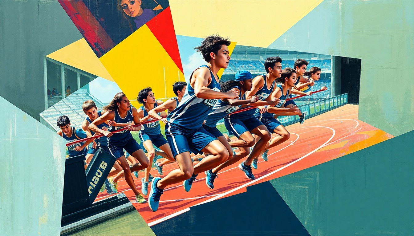 A fragmented, cubist-style painting depicting the motion and energy of a high school track and field competition, with sharp geometric planes of color representing the athletes, equipment, and movement on the field.