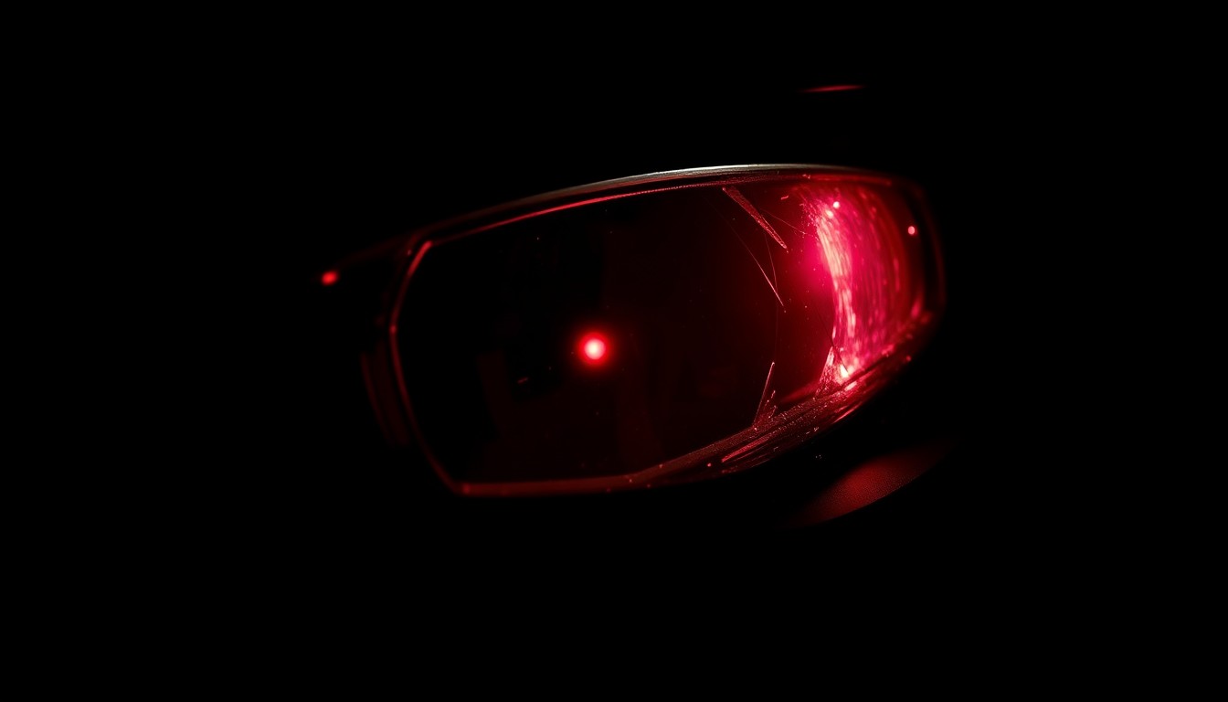 An extreme close-up of a shattered car sensor lens reflecting a faint red light, conceptually illustrating the vandalism of self-driving cars.