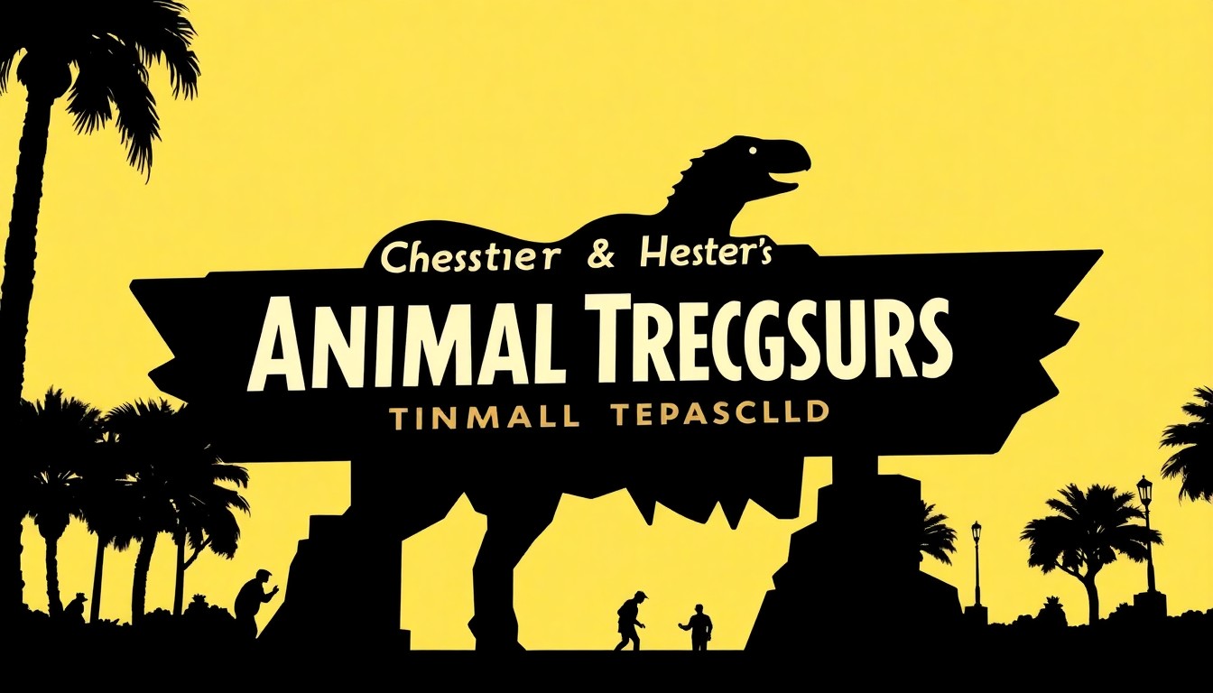 An abstract, minimalist illustration featuring stark, jagged black silhouettes and geometric shapes, conceptually representing the removal of a sign and the transformation of a theme park.