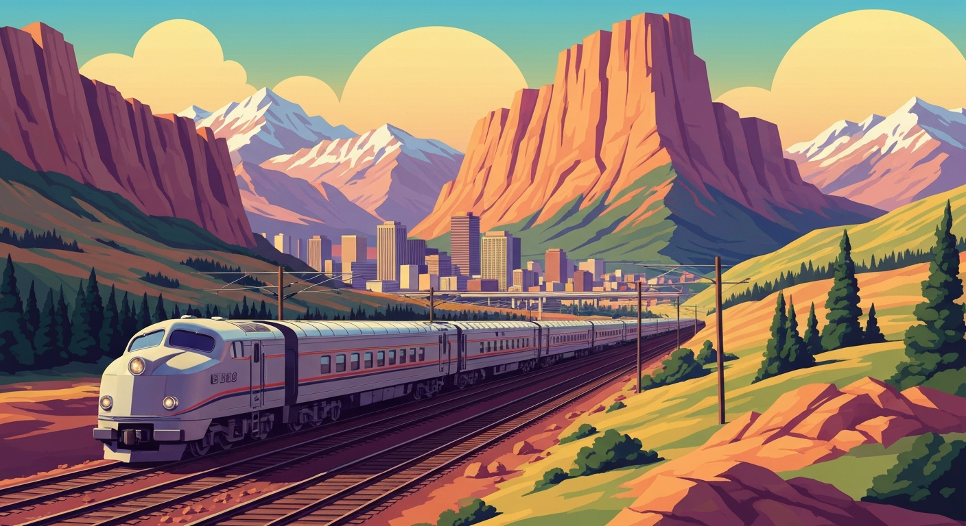 A highly stylized, geometric illustration depicting a sleek, streamlined passenger train traveling through a sweeping Colorado landscape of towering mountains and cityscapes, capturing the grand scale and romance of the proposed rail project.